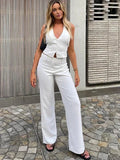 Huidianyin White Vest Top Pants 2 Piece Set 2024 Women Halter Backless Single Breasted Tank Tops Wide Leg Pant Office Lady Outfit