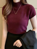 Huidianyin Women's Half-High Neck T-Shirt Fashion Jumper Casual Tops Korean Style Elegant Solid-Coloured Clothing Spring And Summer Season