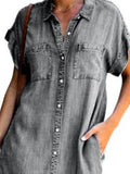 Huidianyin Women's Denim Shirt Dress Short Sleeve Button Pockets Distressed Jean Dress 2024 Spring Summer Loose Dresses Female 5XL