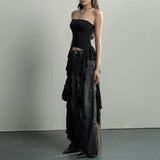 Huidianyin Summer Y2k Tank Tops Asymmetrical Fringed Ruffle Top Streetwear Black Strapless Clothes