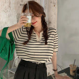 Huidianyin Women's Knitted Short Sleeve Top T-shirt Loose French Stripe Shirt