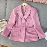 Huidianyin Lapel Woolen Plush Coats Women Elegant Long Sleeve Button Office Lady Blazer Jacket 2024 Winter Fashion Packet Loose Coat