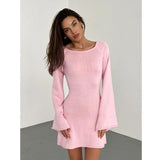 Huidianyin knitted backless sexy dress autumn and winter 2024 bell-sleeved tight holiday skirt basic style simple sexy fashion