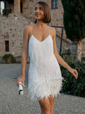 Huidianyin Tassel Sequins Dress Women Elegant Feather Spaghetti Straps Mini Dresses Summer Sexy Party Club Evening Dresses Vestidos