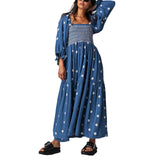 Huidianyin Women s Flower Embroidered Maxi Dress Lantern Sleeve Square Neck Tiered Flowy Spring Fall Dress