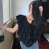 Huidianyin Sleeve Blouses Women Ruffles Sweet Summer Crop Tops Fashion Elegant Square Collar Female Holiday Korean Style All-match