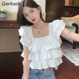 Huidianyin Sleeve Blouses Women Ruffles Sweet Summer Crop Tops Fashion Elegant Square Collar Female Holiday Korean Style All-match