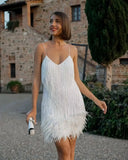 Huidianyin Tassel Sequins Dress Women Elegant Feather Spaghetti Straps Mini Dresses Summer Sexy Party Club Evening Dresses Vestidos