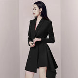 Huidianyin Autumn Women's Dress New Fashion Lapel Slim Belt Waist Long Sleeve Red Irregular Mini Dresses Elegant Female