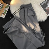 Huidianyin Baggy Punk Cargo Pants Women Vintage Streetwear Pocket Drawstring Trousers BF High Waist Korean Joggers Wide Leg Pants