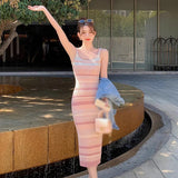 Huidianyin Sweet Women Rainbow Stripe Dress Knitted Slim Fit Short Wrapped Hip Dress