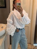 Huidianyin Ruffle Loose Women Shirts 2024 Cotton Long Sleeve Elegant White Tshirt Ladies Street Casual Holiday Baggy Cover Up Female