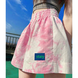 Huidianyin High Waist Women Sports Shorts Summer Korean Tie Dye Loose Wide Leg Pants Casual Female Streetwear Fluorescent Pink Shorts