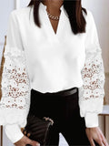 Huidianyin For Women Fashion Lace Mesh Long Sleeve V-neck Shirt Spring Casual Office Tops Elegant Black Women's Clothing 2024