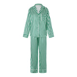 Huidianyin Christmas Women Striped Pajamas Set Long Sleeve Satin Shirt Top Elastic Wide Loose Pants 2 Piece Lounge Sleepwear