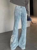 Huidianyin Blue French Vintage Jeans Women Butterfly Embroidery Korean Fashion Flare Pants Female Harajuku Causal Denim Pants 2024