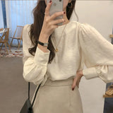 Huidianyin Puff Long Sleeve Blouses Women Solid Apricot Gentle Girlish High Street Chic Loose O-neck Shirts Mujer Temperament