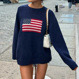 Huidianyin Women Flag Sweaters Casual Long Sleeve Crew Neck Loose Fit Knit Pullover Jumper Y2k Aesthetic Harajuku Autumn Tops