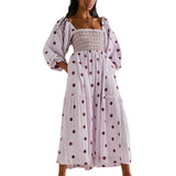 Huidianyin Women s Flower Embroidered Maxi Dress Lantern Sleeve Square Neck Tiered Flowy Spring Fall Dress