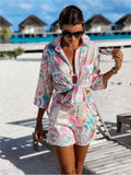 Huidianyin Women's Shirt Sets Fashion Printed Summer Long Sleeve Shirt + Shorts 2 Pieces Set 2024 Lady Vintage Holiday Beach Casual Outfits