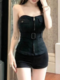 Huidianyin Chic Slim Strapless 2 Piece Set Women Fashion Y2k Skinny Zipper Off Shoulder Tops Female + Sexy High Waist Short Pants