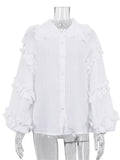 Huidianyin Ruffle Loose Women Shirts 2024 Cotton Long Sleeve Elegant White Tshirt Ladies Street Casual Holiday Baggy Cover Up Female