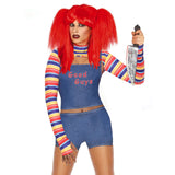 Huidianyin Women's 2 Pcs Halloween Costumes Scary Nightmare Killer Doll Wanna Play Movie Character Dress Chucky Doll Costume Sets