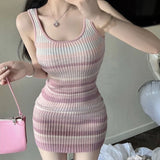 Huidianyin Sweet Women Rainbow Stripe Dress Knitted Slim Fit Short Wrapped Hip Dress