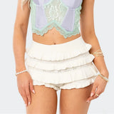 Huidianyin Women Hollow Out Crochet Knit Shorts Ruffled Layered Pleated Tiered Summer Fall Beach Music Festival Shorts