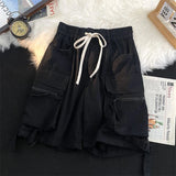 Huidianyin Streetwear Women Cargo Shorts American Casual Large Pockets BF Wide Leg Pants Harajuku All Match Female Sweatpants New