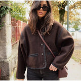 Huidianyin Single-breasted Woolen Coat Women 2024 Autumn Winter Chic Long Sleeve Stand Collar Brown Jacket Female Fashion Streetwear