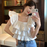 Huidianyin Sleeve Blouses Women Ruffles Sweet Summer Crop Tops Fashion Elegant Square Collar Female Holiday Korean Style All-match