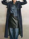 Huidianyin Belt Denim Long Trench Coat Women 2024 Autumn Full Sleeve Stand Collar Pockets Winter Jackets Elegant Loose Streetwear