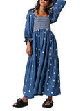 Huidianyin Women s Flower Embroidered Maxi Dress Lantern Sleeve Square Neck Tiered Flowy Spring Fall Dress