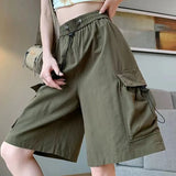 Huidianyin Thin Cargo Shorts Women Y2K Loose Fashion Drawstring Pocket Shorts Bf Baggy Korean Streetwear Wide Leg Knee-Length Pants