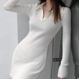 Huidianyin Mini Dress Long-sleeves Solid Simple Knitting Hotsweet Girls All-match Basic Streetwear Vintage Bodycon Slim Trendy Cozy