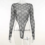 Huidianyin Transparent Mesh Body Suit Sexy Tops for Women High Cut Long Sleeve Bodysuits Leotard Tops Outfits Streetwear