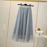 Huidianyin Women Elegant Solid Tulle Skirt Fashion Korean Mesh Pleated A Line Skirt Lady Summer Chic High Waist All-Match Party Midi Skirts