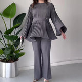 Huidianyin Flare Sleeve Pleated Top Pants Women Suit Elegant Solid O-neck A-line Blouse Female 2 Piece Sets 2024 Wide Leg Pant Outfit