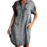 Huidianyin Women's Denim Shirt Dress Short Sleeve Button Pockets Distressed Jean Dress 2024 Spring Summer Loose Dresses Female 5XL