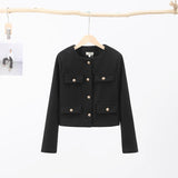 Huidianyin Button Short Jacket For Women 2024 Autumn Winter O-Neck Long Sleeve Solid Female Coats Vintage Office Lady Commuter Coat
