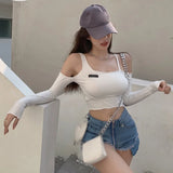 Huidianyin Shoulder Crop Top Autumn Women Sexy Hollow Out Long Sleeve Tee Shirt Slim Skinny Ribbed Knitted T-shirt Irregular Tops