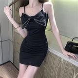 Huidianyin Dress Women Black Mini Sexy College Trendy New Simple Spaghetti Strap Bow Design Party Club Summer Casual Temperament