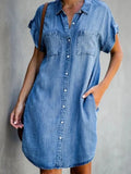 Huidianyin Women's Denim Shirt Dress Short Sleeve Button Pockets Distressed Jean Dress 2024 Spring Summer Loose Dresses Female 5XL