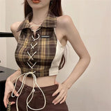 Huidianyin Plaid Camis Women Summer Sexy Slim Irregular Casual Halter Neck Tops Fashion Female Korean Chic Lace Up Lapel Crop Tank