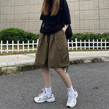 Huidianyin Vintage Women Cargo Shorts American Streetwear Loose Wide Leg Pants Harajuku Casual Female Big Pocket Shorts Summer New