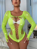 Huidianyin See Through Sparkly Mesh Bodysuit Women Long Sleeve Rhinestone Body Tops Hot Drill Female Party Nightclub Sexy Lingerie