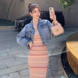 Huidianyin Sweet Women Rainbow Stripe Dress Knitted Slim Fit Short Wrapped Hip Dress