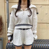 Huidianyin Women Twist Knit 2 Piece Set Korean Fashion Zipper Loose Long Sleeve Tops Casual All Match Female High Waist Shorts Sets