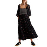 Huidianyin Women s Flower Embroidered Maxi Dress Lantern Sleeve Square Neck Tiered Flowy Spring Fall Dress